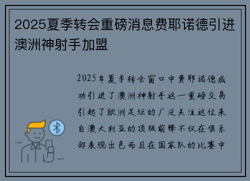 2025夏季转会重磅消息费耶诺德引进澳洲神射手加盟