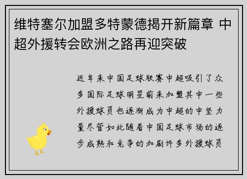 维特塞尔加盟多特蒙德揭开新篇章 中超外援转会欧洲之路再迎突破 维特塞尔加盟多特蒙德揭开新篇章 中超外援转会欧洲之路再迎突破